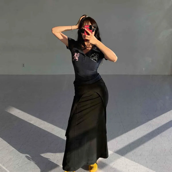 Loose Fit Cut-out Zipper Flare A-Line Long Skirt