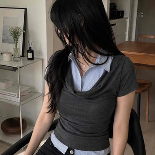 Button Layered Plain Slim Fit Short Sleeve T-shirt