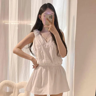 Shirred Loose Fit A-Line Plain Sleeveless Mini Dress
