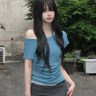 Yusen One-Shoulder Color Block Shirred Short-Sleeve T-Shirt