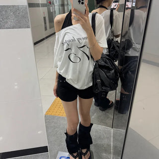 [Cool/Loose Fit!] Spelling Lettering One-Off-Shoulder Short-Sleeve Tee