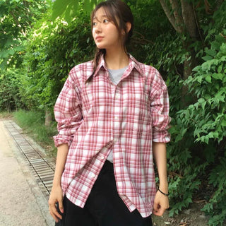 Oversized Check Pintuck Button-Down Long Sleeve Shirt