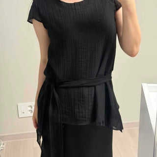 Pintuck See-through Button Plain Short Sleeve Blouse