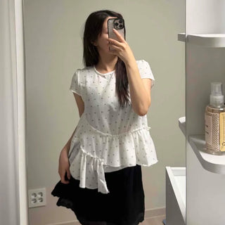 Frill Shirred Heart Pep Plum Short Sleeve Blouse