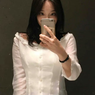 Fitted Plain Frill Button Long Sleeve Blouse