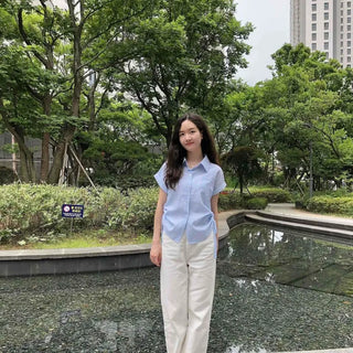 Loose-fit Striped Button-String Short-Sleeve Shirt