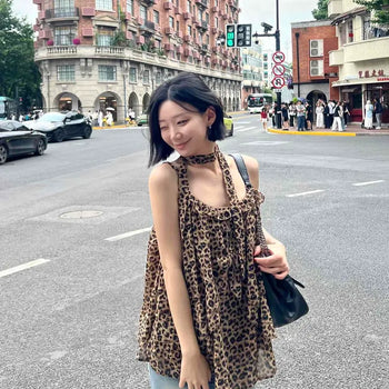 Loose Fit Leopard Shirred Ribbon Strap A-Line Sleeveless