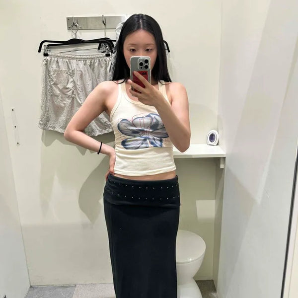 Studded Pleated Straight H-Line Long Skirt