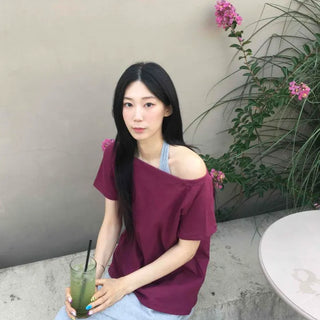 Loose Fit Oversized Plain Off-Shoulder Short Sleeve T-Shirt