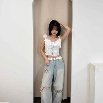 Regular Fit Flower Ribbon Frill Strap Sleeveless Short-Sleeve T-Shirt