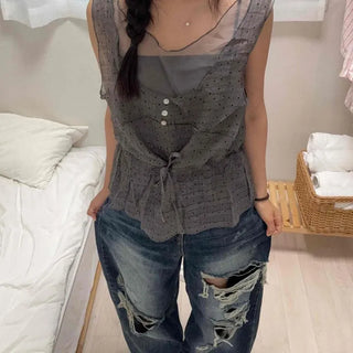 Loose Fit Polka Dot Button See-through Sleeveless Blouse