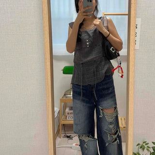 Loose Fit Washed Ripped Fray Wide Long Pants