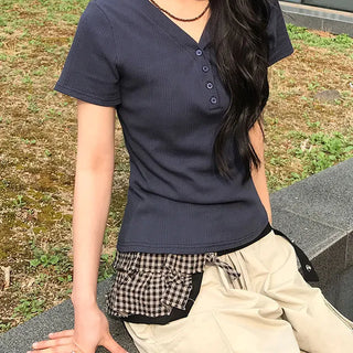 피시 슬림 단추 브이넥 반팔티셔츠