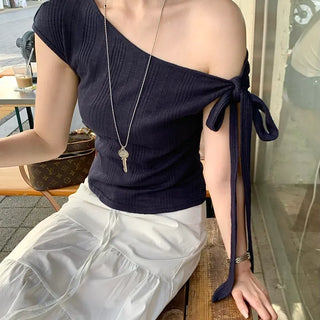 One-Shoulder Ribbon T-Shirt