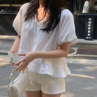 Elidin Linen Lace Frill Balloon Short Sleeve Blouse