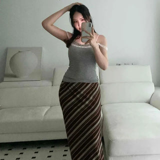 Screw Stripe Elastic Maxi Long Skirt