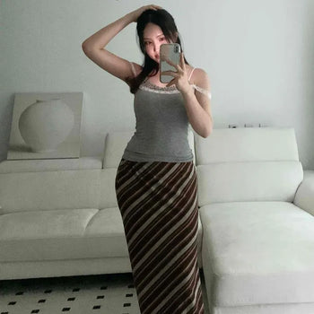 Screw Stripe Elastic Maxi Long Skirt
