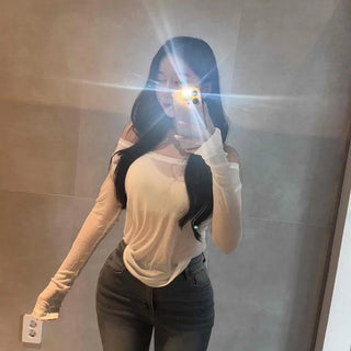 Deep U-Neck Two-Way See-through Long Sleeve T-Shirt