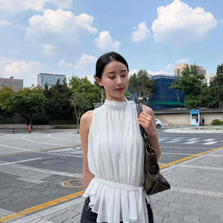 Shirred Ribbon Plain Sleeveless Blouse