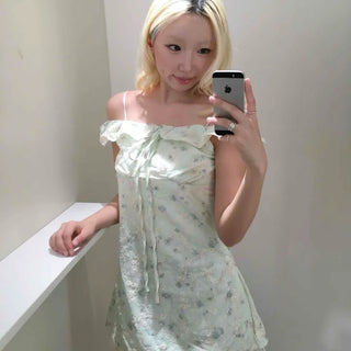 Frill Ribbon Flower Layered French Sleeve A-Line Mini Dress