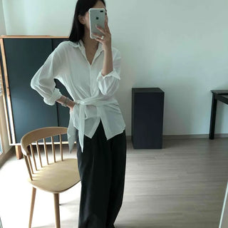Loose Fit Plain String Wrap Long Sleeve Blouse