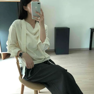 Loose-fit Plain Ribbon Button Long-sleeve Blouse