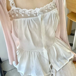 Lace-striped sleeveless blouse