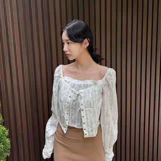 Shirred Frill Eyelet String Long Sleeve Blouse