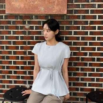 Pintuck Flare A-Line Regular Fit Plain Short Sleeve Blouse