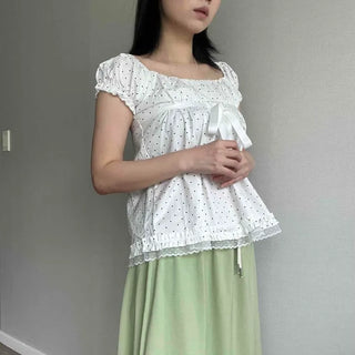 Ribbon Flower A-line Loose Fit Short Sleeve Blouse