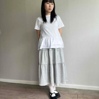 Shirred Stripe Dot Tiered A-Line Long Skirt