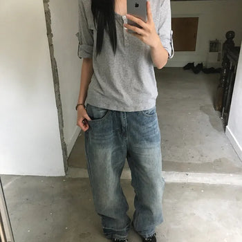 Semi-flare washed denim pants