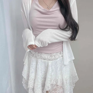 Shirred Wrap Loose Fit Plain Long Sleeve Cardigan