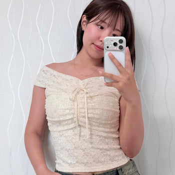 Shirred Ribbon String Fitted Cap Sleeve Blouse