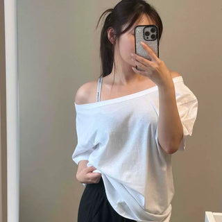 Plain Off-Shoulder Loose Fit Short Sleeve Daily T-shirt