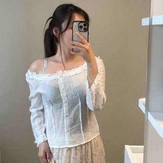Roni Frill Shirred Button Plain Long Sleeve Blouse