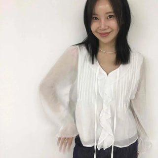 Frill Pintuck See-through Strap Loose Fit Long Sleeve Blouse