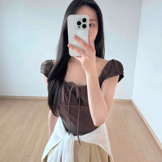 Dor Shirred Eyelet Ribbon Strap Cap Sleeve Blouse