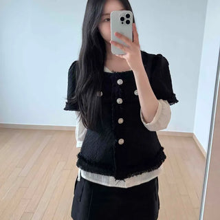 Plain Short Sleeve Jacket with Frill Button Flap Pockets