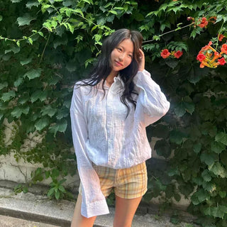 Loose-fit Plain Pintuck Button-down Long-sleeve Shirt