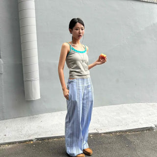 Wide Stripe Zipper Daily Long Pants