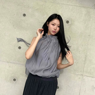 Loose Fit Plain Shirred Ribbon Daily Sleeveless