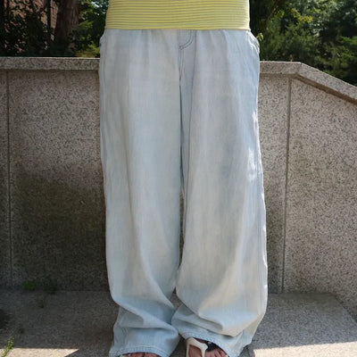 Striped Banded Summer Wide Denim Pants