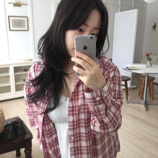 Back Pleated Button-Down Loose Fit Check Long Sleeve Shirt
