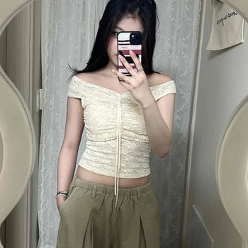 Shirred String Flower Cap Sleeve Slim Fit Blouse
