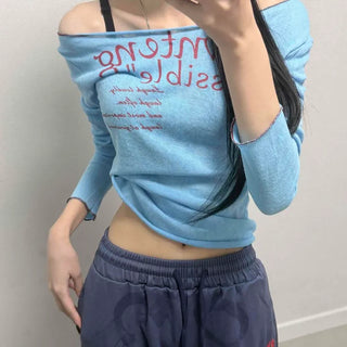 Boat Neck Vintage Lettering Slim Fit Daily Long Sleeve T-shirt