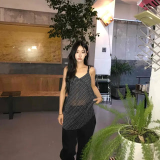 Frill See-through Check Strap Sleeveless Mini Dress