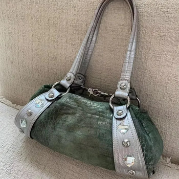 Vintage Croc Barrel Bag Shoulder Bag / Y2K Cracked Leather Bag Cubic Bag Baguette Bag Gyaru