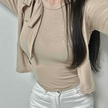 Stretchy Tie Halter Sleeveless + Frill Cardigan Set