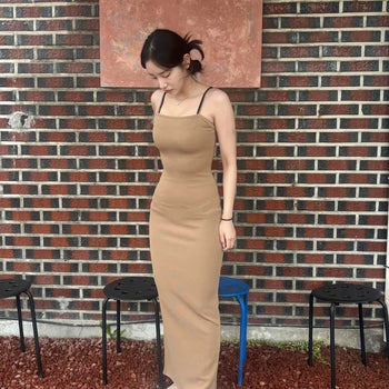Semi-strap slit slim fit plain sleeveless H-line long dress